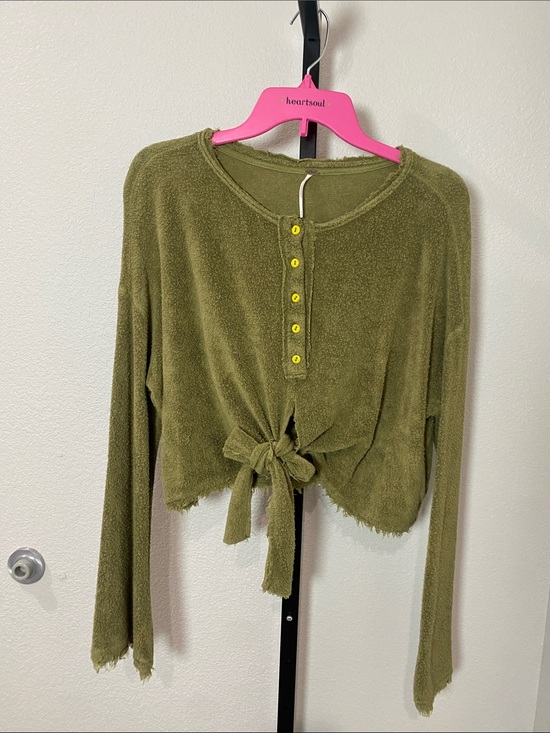 Free People Tops - Free People Olive Tie-Front Textured distressed raw hem Henley